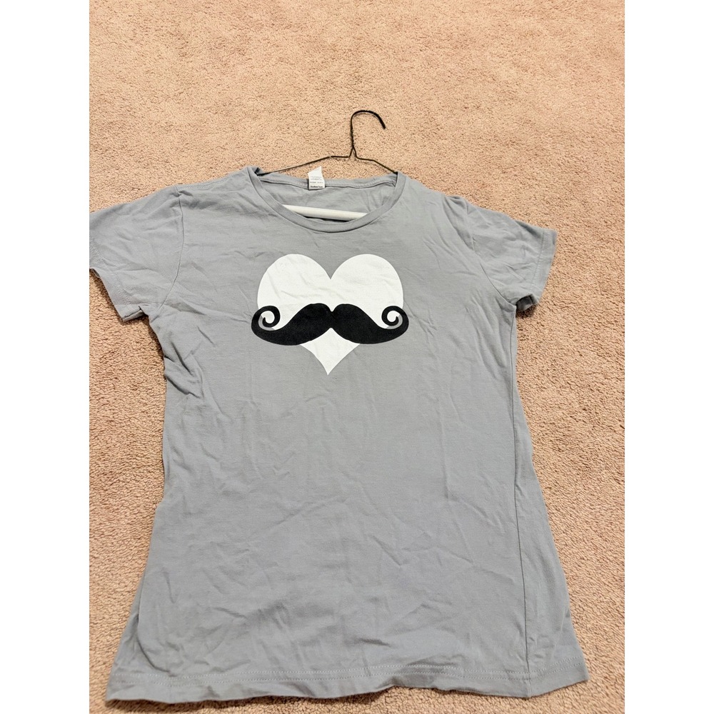 Anvil Womens Grey Heart Mustache Graphic T Short Sleeve Crew Neck T-Shirt Small